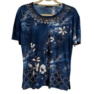 TC Fashion Womens XXL Blue Butterfly Embellished Short Sleeve Top Tie Dye Gold